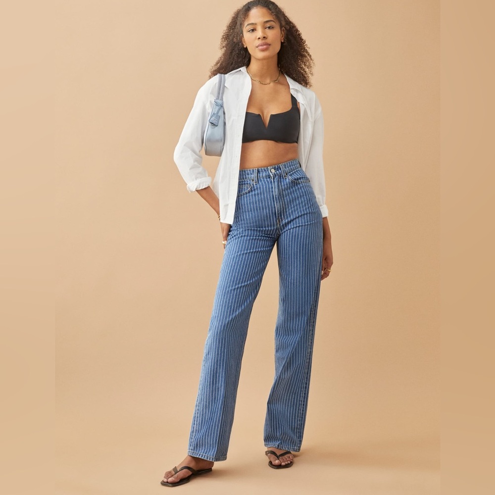 Reformation Hailey Pinstripe High Rise Wide Leg Jeans, Size 28
